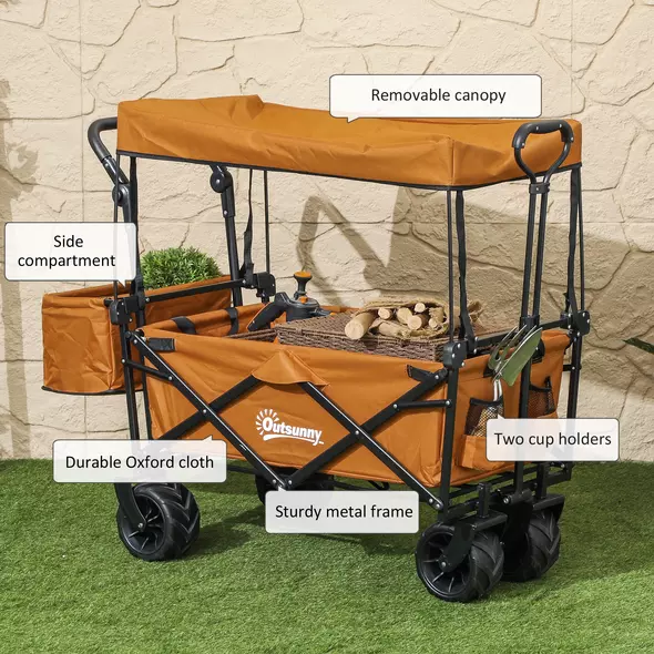 Outsunny 120L Festival Trolley on Wheels, Folding Camping Trolley Cart with Removable Canopy, All-Terrain Wheels, Adjustable Handle, Push or Pull for Garden Beach Fishing Shopping, Orange - 7