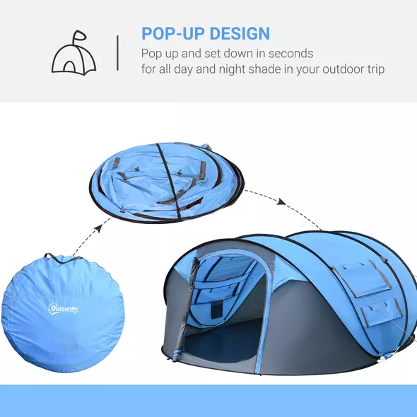 Outsunny 4 Person Pop-up Camping Tent Family Tent with Ground Sheet, 4 Windows and Portable Carry Bag for Beach Outdoor Trip, Sky Blue - 4