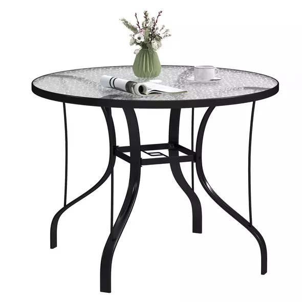 Outsunny Tempered Glass Top Round Outdoor Dining Table with Parasol Hole, 96.5 x 96.5 x 71 cm - 1