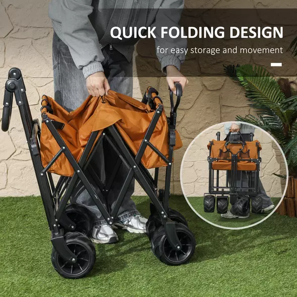 Outsunny 120L Festival Trolley on Wheels, Folding Camping Trolley Cart with Removable Canopy, All-Terrain Wheels, Adjustable Handle, Push or Pull for Garden Beach Fishing Shopping, Orange - 4