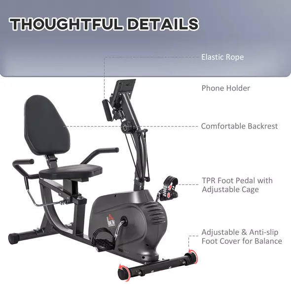 HOMCOM Recumbent Exercise Bike Recovery Exerciser, 8-Level Magnetic Resistance Stationary Bike with Pad Holder, LCD Monitor, for Indoor Cardio Workout, Black - 7