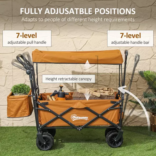 Outsunny 120L Festival Trolley on Wheels, Folding Camping Trolley Cart with Removable Canopy, All-Terrain Wheels, Adjustable Handle, Push or Pull for Garden Beach Fishing Shopping, Orange - 5