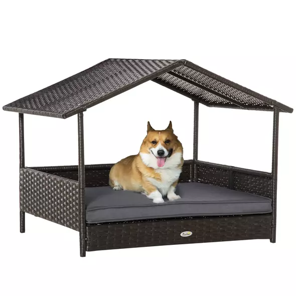 PawHut Wicker Dog Bed, Elevated Rattan Dog House with Removable Cushion and Canopy, for Small and Medium Dogs, 98 x 69 x 70cm - Grey - 1