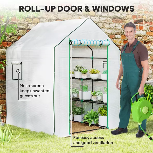 Outsunny 143 x 140cm Walk-In Greenhouse, with Accessories - White - 6