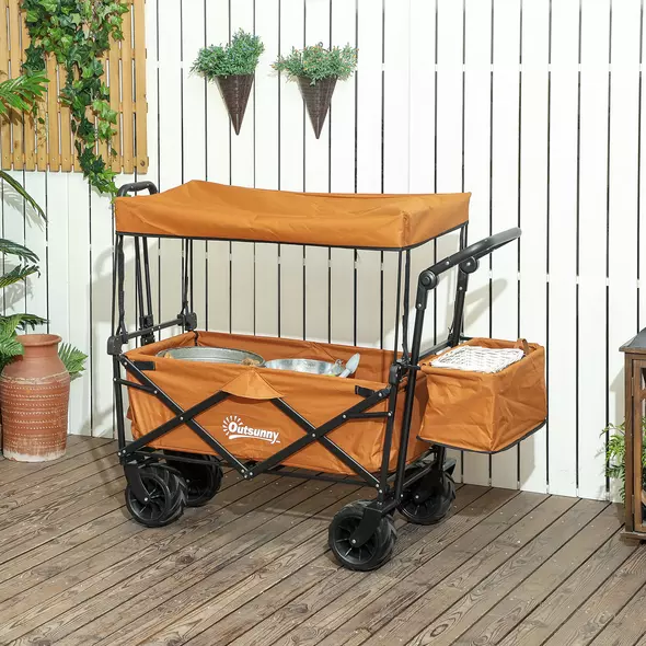 Outsunny 120L Festival Trolley on Wheels, Folding Camping Trolley Cart with Removable Canopy, All-Terrain Wheels, Adjustable Handle, Push or Pull for Garden Beach Fishing Shopping, Orange - 2