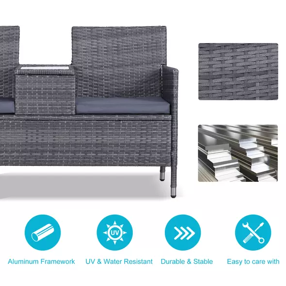 Outsunny 2-Seater PE Rattan Outdoor Garden Bench w/ Centre Table Grey - 6