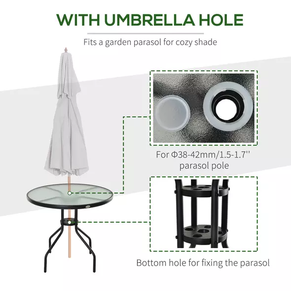 Outsunny 80 cm Round Garden Dining Table with Parasol Hole for 4, Outdoor Coffee Bistro End Side Table with Tempered Glass Top and Steel Frame for Patio, Porch, Black - 4