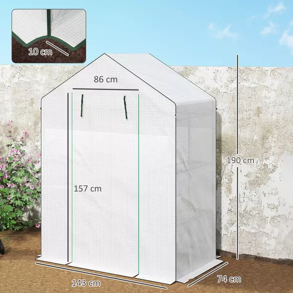 Outsunny 143 x 74cm Walk-In Greenhouse, with Shelves - White - 3