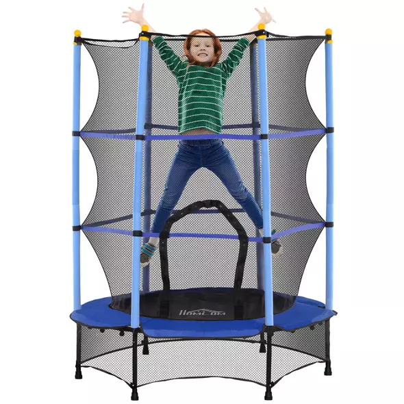 HOMCOM 4.6FT/55" Kids Trampoline with Enclosure Net, Outdoor Indoor Use, for Ages 3-10 Years, Blue - 1