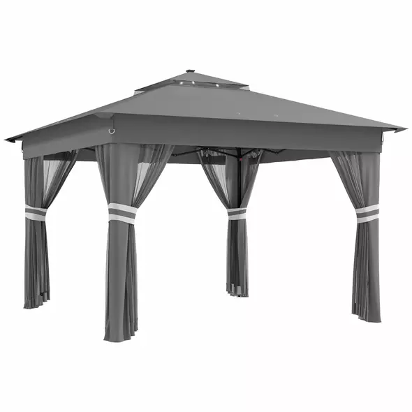 Outsunny 3.36 x 3.36m Pop Up Gazebo Party Tent with Solar-Powered LED Lights, Adjustable Event Shelter with Netting, Grey - 1
