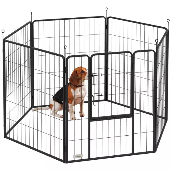 PawHut 6 Panels Dog Playpen, Portable Detachable Puppy Pen with Door, for Large Dogs, 100cm High, Grey - 1