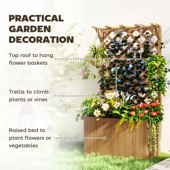 Outsunny Wooden Planter with Trellis, Freestanding Raised Garden Bed with Drainage Holes, Outdoor Planter Box with Liner for Vegetables, Herbs and Flowers, Natural - 4
