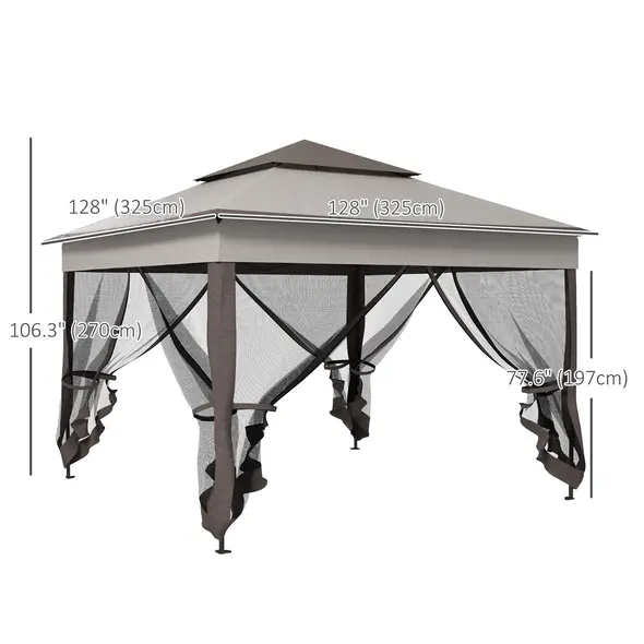 Outsunny 3.25 x 3.25m Pop Up Gazebo, Double-roof Garden Tent with Netting and Carry Bag, Party Event Shelter for Outdoor Patio, Brown and Grey - 3