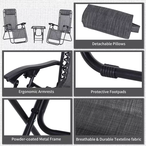 Outsunny 3pcs Folding Zero Gravity Chairs Sun Lounger Table Set w/ Cup Holders Reclining Garden Yard Pool, Light Grey - 7