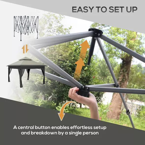 Outsunny 3 x 3(m) Pop Up Gazebo with Mosquito Netting, 1 Person Easy up Marquee Party Tent with 1-Button Push, Double Roof, Carry Bag, Sandbags, Height Adjustable Instant Shelter, Grey - 4