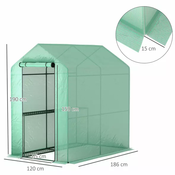 Outsunny 120 x 186cm Walk-In Greenhouse, with Shelves - Green - 3