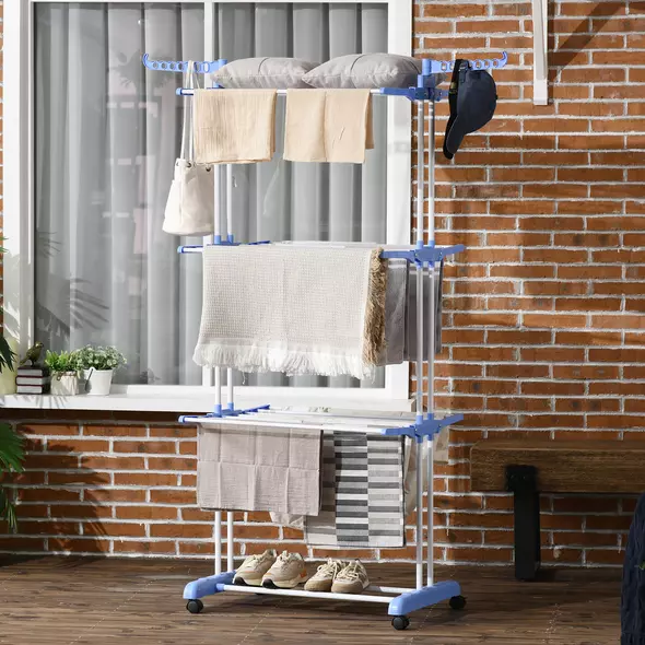 HOMCOM Foldable Clothes Drying Rack, 4-Tier Steel Garment Laundry Rack with Castors for Indoor and Outdoor Use, Blue - 7