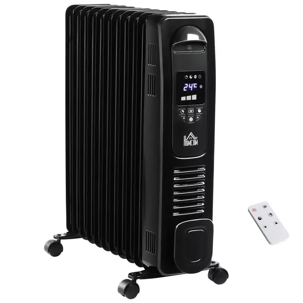 HOMCOM 2500W Digital Display Oil Filled Radiator, 11 Fin Portable Electric Heater with Timer, Adjustable Thermostat, Three Heat settings, Safety Cut Off, Remote, Black - 1
