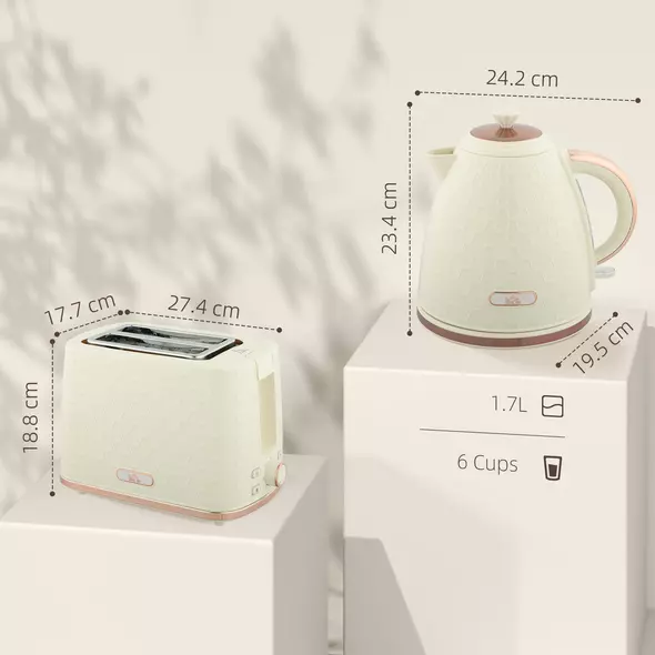 HOMCOM 1.7L 3000W Fast Boil Kettle & 2 Slice Toaster Set, Kettle and Toaster Set with Auto Shut Off, Browning Controls, Beige - 3