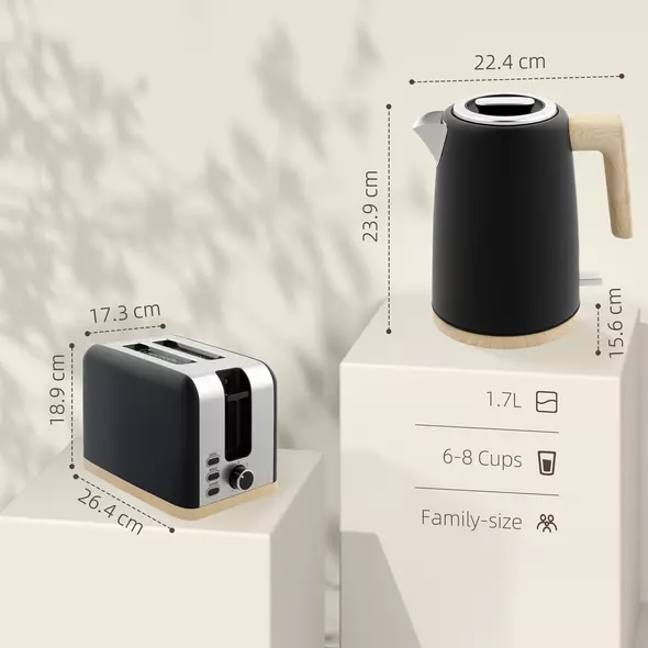 HOMCOM Stainless Steel Kettle and Toaster Set, 1.7L 3000W Fast Boil Kettle & 2 Slice Toaster Kitchen Set with 7 Level Browning Controls, Defrost, Reheat, Auto Off, Boil-dry Protection, Black - 3