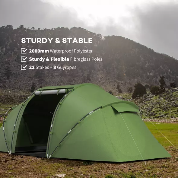 Outsunny 4-6 Man Camping Tent with Living Area and 2 Bedrooms, Hiking Sun Shelter, UV Protection Tunnel Tent, Dark Green - 5