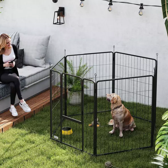 PawHut 6 Panels Dog Playpen, Portable Detachable Puppy Pen with Door, for Large Dogs, 100cm High, Grey - 2