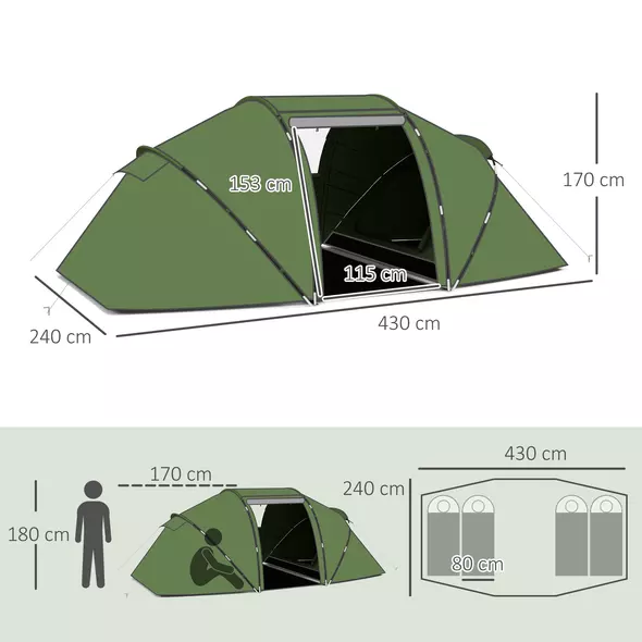 Outsunny 4-6 Man Camping Tent with Living Area and 2 Bedrooms, Hiking Sun Shelter, UV Protection Tunnel Tent, Dark Green - 3