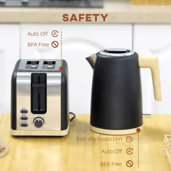 HOMCOM Stainless Steel Kettle and Toaster Set, 1.7L 3000W Fast Boil Kettle & 2 Slice Toaster Kitchen Set with 7 Level Browning Controls, Defrost, Reheat, Auto Off, Boil-dry Protection, Black - 7
