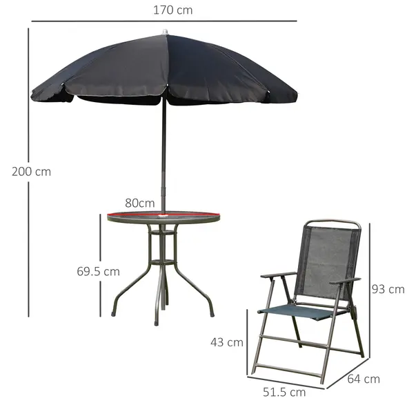 Outsunny 6 Piece Garden Dining Set with Umbrella, Patio Sets with Parasol with 4 Folding Dining Chairs & Round Tempered Glass Table, Black - 3