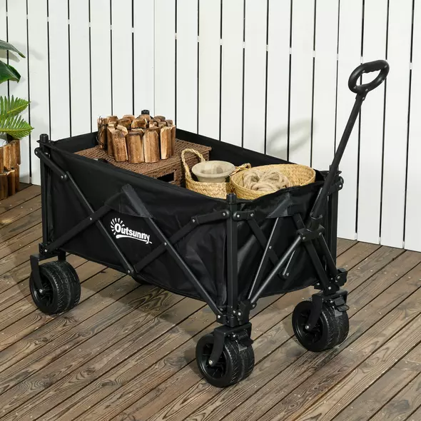 Outsunny Folding Garden Trolley, Outdoor Wagon Cart with Carry Bag, for Beach, Camping, Festival, 120KG Capacity, Black - 2