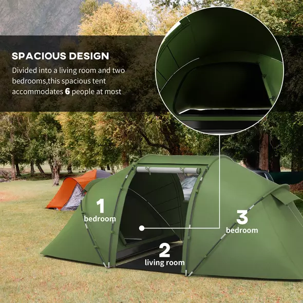 Outsunny 4-6 Man Camping Tent with Living Area and 2 Bedrooms, Hiking Sun Shelter, UV Protection Tunnel Tent, Dark Green - 4