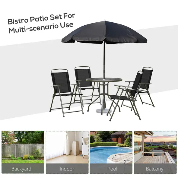 Outsunny 6 Piece Garden Dining Set with Umbrella, Patio Sets with Parasol with 4 Folding Dining Chairs & Round Tempered Glass Table, Black - 6