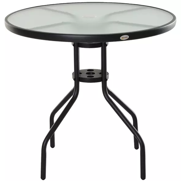 Outsunny 80 cm Round Garden Dining Table with Parasol Hole for 4, Outdoor Coffee Bistro End Side Table with Tempered Glass Top and Steel Frame for Patio, Porch, Black - 1