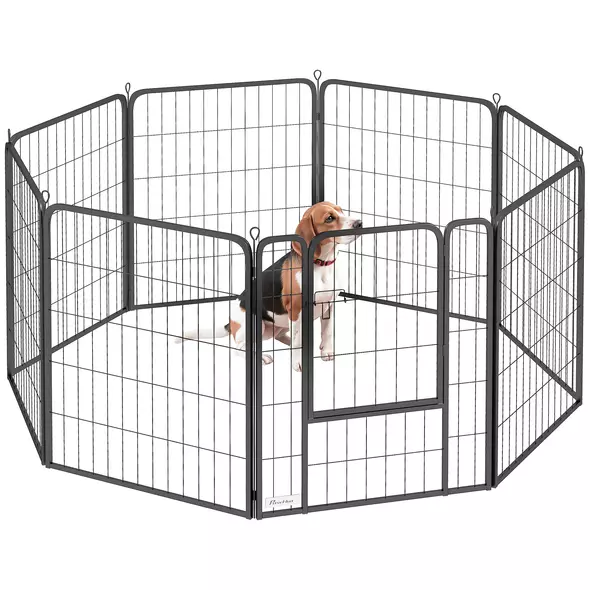 PawHut Eight-Panel Dog Playpen with Door, for Large Dogs, Indoors, Outdoors, 80cm Tall, Black - 1