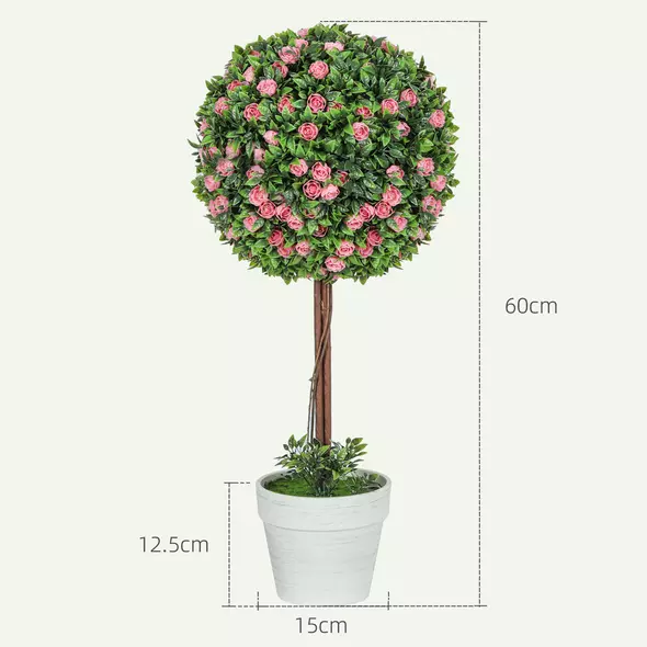 HOMCOM Set of 2 Decorative Artificial Plants, Ball Topiary Tree with Rose Flower in Pot, Fake Plants for Home Indoor Outdoor Decor, 60cm, Pink - 3