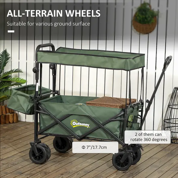 Outsunny Folding Trolley Cart Storage Wagon Beach Trailer 4 Wheels with Handle Overhead Canopy Cart Push Pull for Camping, Green - 6