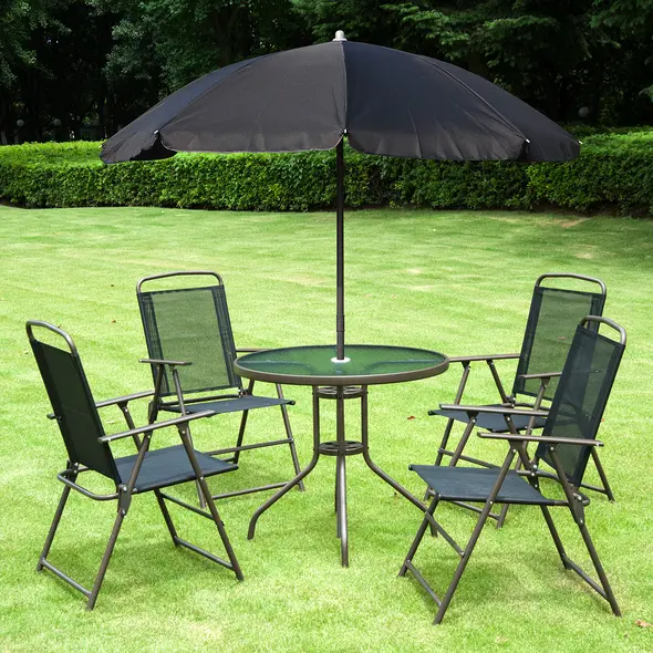 Outsunny 6 Piece Garden Dining Set with Umbrella, Patio Sets with Parasol with 4 Folding Dining Chairs & Round Tempered Glass Table, Black - 2
