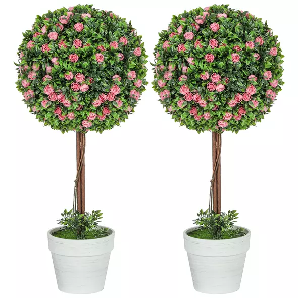 HOMCOM Set of 2 Decorative Artificial Plants, Ball Topiary Tree with Rose Flower in Pot, Fake Plants for Home Indoor Outdoor Decor, 60cm, Pink - 1