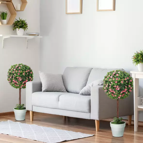 HOMCOM Set of 2 Decorative Artificial Plants, Ball Topiary Tree with Rose Flower in Pot, Fake Plants for Home Indoor Outdoor Decor, 60cm, Pink - 6