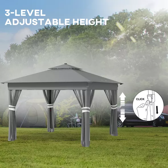 Outsunny 3.36 x 3.36m Pop Up Gazebo Party Tent with Solar-Powered LED Lights, Adjustable Event Shelter with Netting, Grey - 7