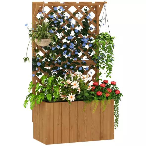 Outsunny Wooden Planter with Trellis, Freestanding Raised Garden Bed with Drainage Holes, Outdoor Planter Box with Liner for Vegetables, Herbs and Flowers, Natural - 1