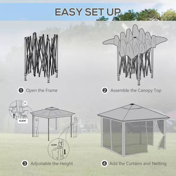 Outsunny 3.36 x 3.36m Pop Up Gazebo Party Tent with Solar-Powered LED Lights, Adjustable Event Shelter with Netting, Grey - 6