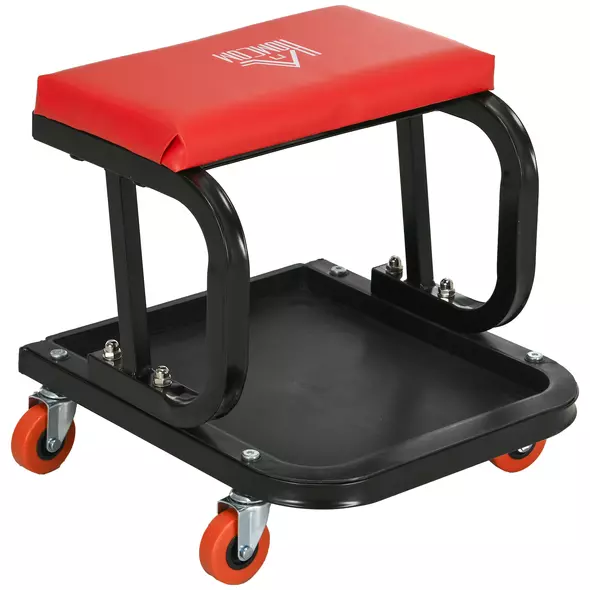 HOMCOM Workshop Stool, Rolling Machine Stool with 360° Swivel, Padded Seat, Tool Tray, Red - 1
