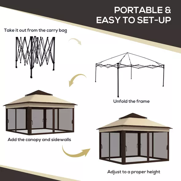 Outsunny 3 x 3(m) Pop Up Gazebo, Height Adjustable Instant Event Shelter with Netting and Carrying Bag, Beige - 4