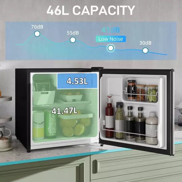 HOMCOM 46 Litre Table Top Mini Fridge, Small Fridge with Ice Box, Reversible Door, Adjustable Temperature and Legs for Bedrooms, Home Office, Silver Tone - 4