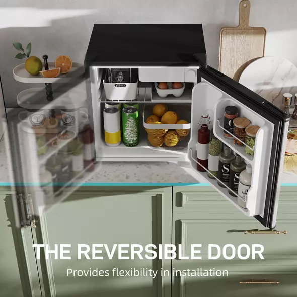 HOMCOM 46 Litre Table Top Mini Fridge, Small Fridge with Ice Box, Reversible Door, Adjustable Temperature and Legs for Bedrooms, Home Office, Silver Tone - 6