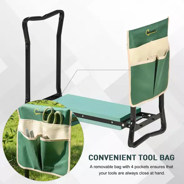 Outsunny Steel Frame Padded Garden Kneeler, with Tool Bag - Green - 6