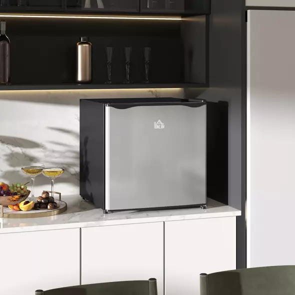 HOMCOM 46 Litre Table Top Mini Fridge, Small Fridge with Ice Box, Reversible Door, Adjustable Temperature and Legs for Bedrooms, Home Office, Silver Tone - 2
