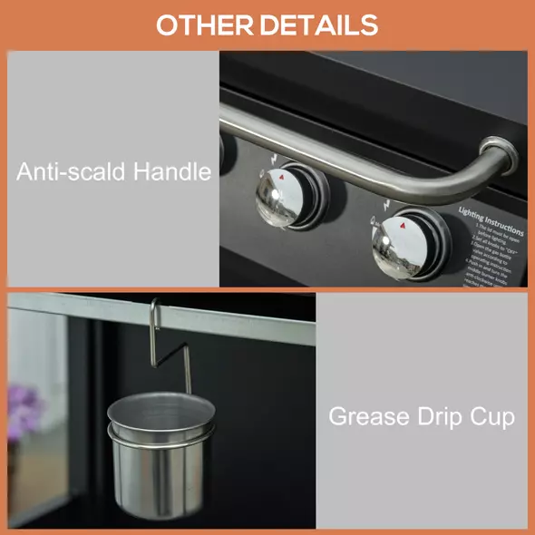 Outsunny 3 Burner Gas BBQ Grill Outdoor Portable Barbecue Trolley w/ Warming Rack, Side Shelves, Storage Cabinet, Thermometer, Carbon Steel, Black - 8