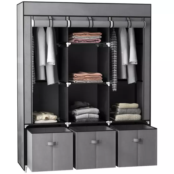 HOMCOM Fabric Wardrobe for Bedroom, Portable Wardrobe with 5 Shelves, 2 Hanging Rails and 3 Fabric Drawers, Foldable Closet, 125 x 43 x 162.5cm, Dark Grey - 1